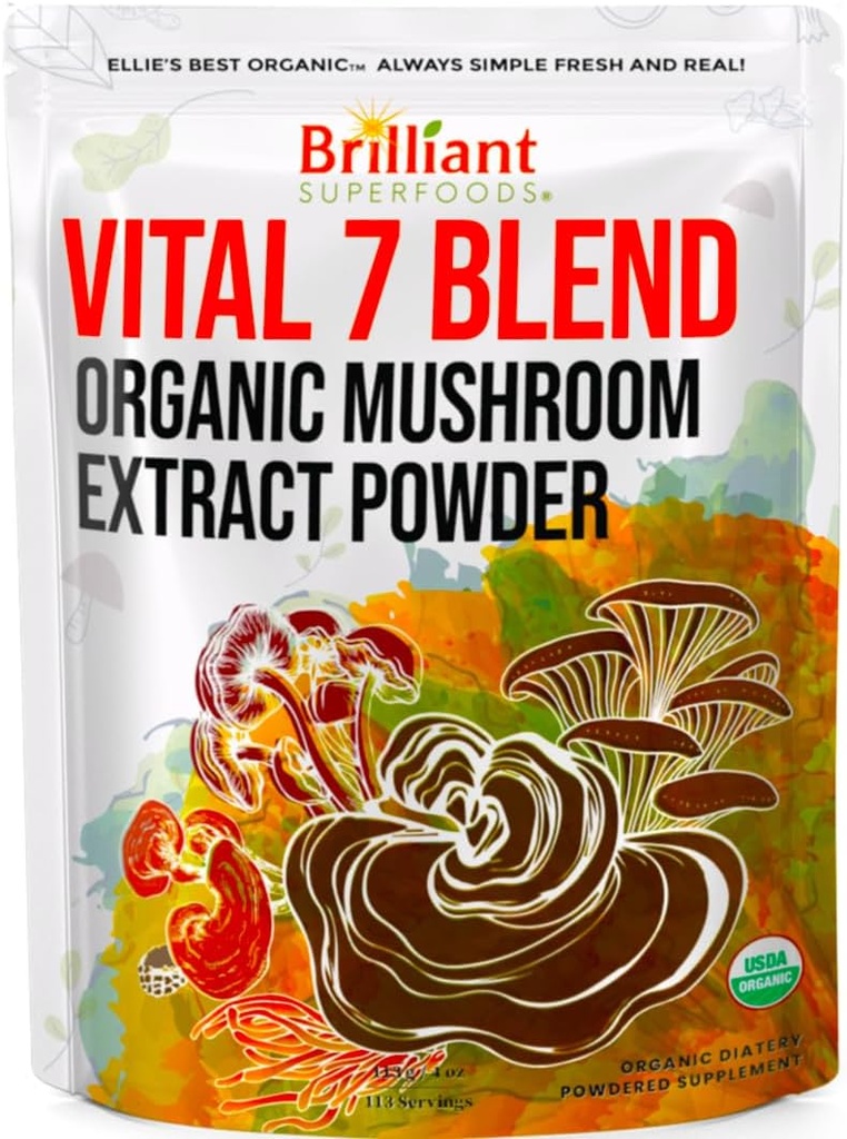 Ellie 's Best 7 Mushroom Powder Blend Supplement Organic 114 Servering høj potens Dobbelt Extraded Cordyceps, Reishi, Tyrkiet Tail, Chaga, Lions Mane - 4oz