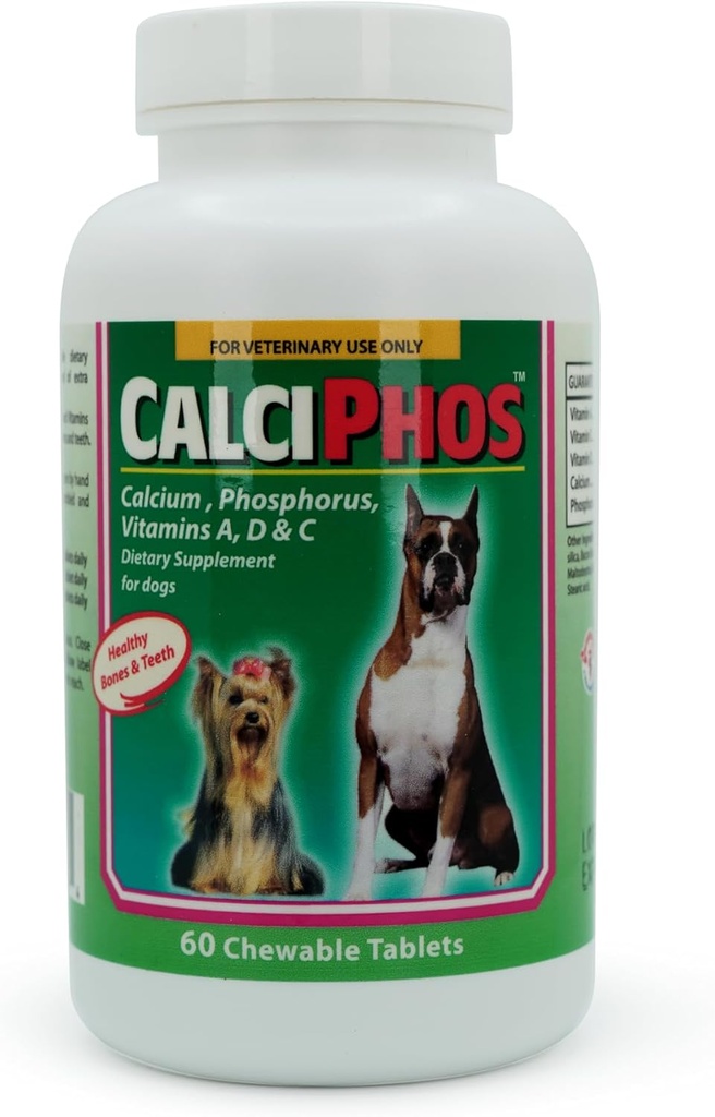 Calciphos Kosttilskud af Interfarma Corp Buddy; Cartiage Protection, Sunde Knogler & Tænder, fælles støtte til hunde Buddy 124; med Calcium, Phosphorus, & Vitamin A, D & C Buddy; Beacon Flavor Buddy 124; 60 tabletter.