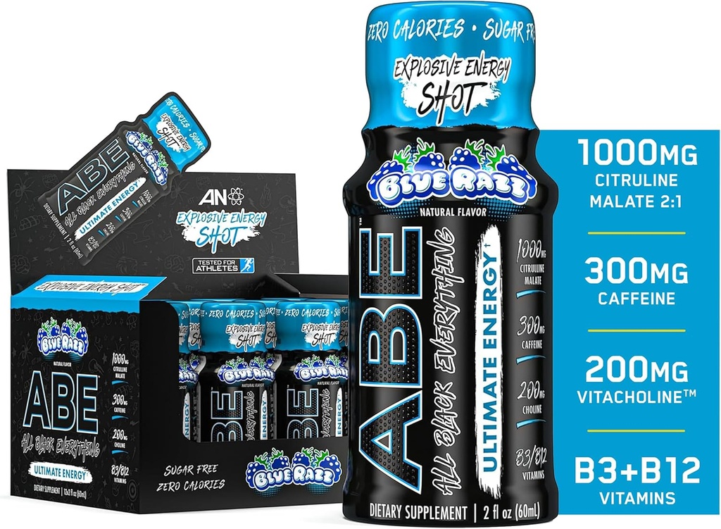 Alle sorte alt energi shots • 124; 12 Pack • 124; 300mg Koffein • 124; Blue Razz • 124; Zero Sugar • 124; Energy Focus Supplement • 124; Nootrop Blend for Gym eller arbejde
