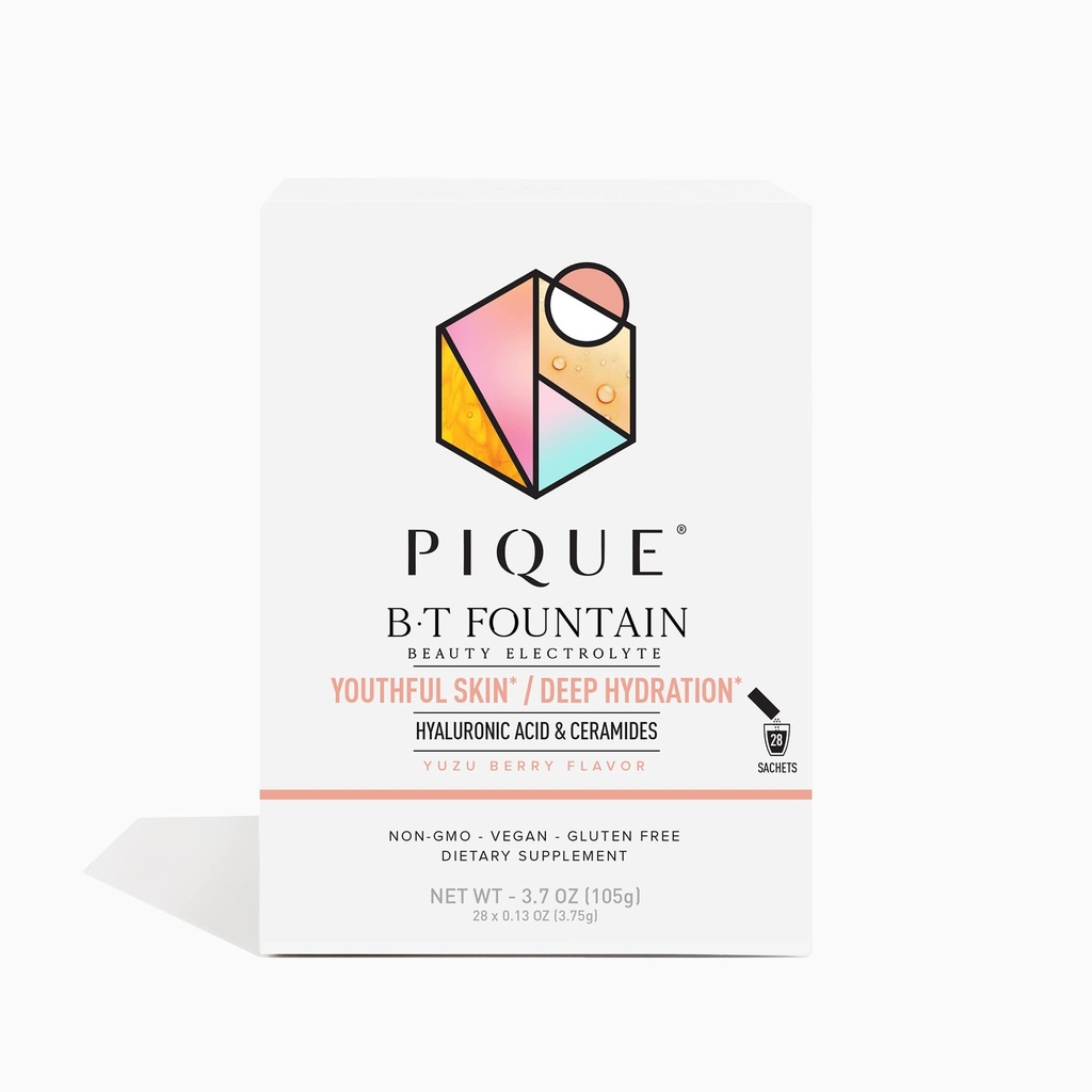 PIQUE BT Fountain Beauty Electrolyte Powder - Hydration Powder Pakninger med Hyaluronsyre, Ceramider, Magnesium til hydreret, Elastisk Hud - Ingen tilsat sukker - 28 Single Serve Sticks (pakke med 1)