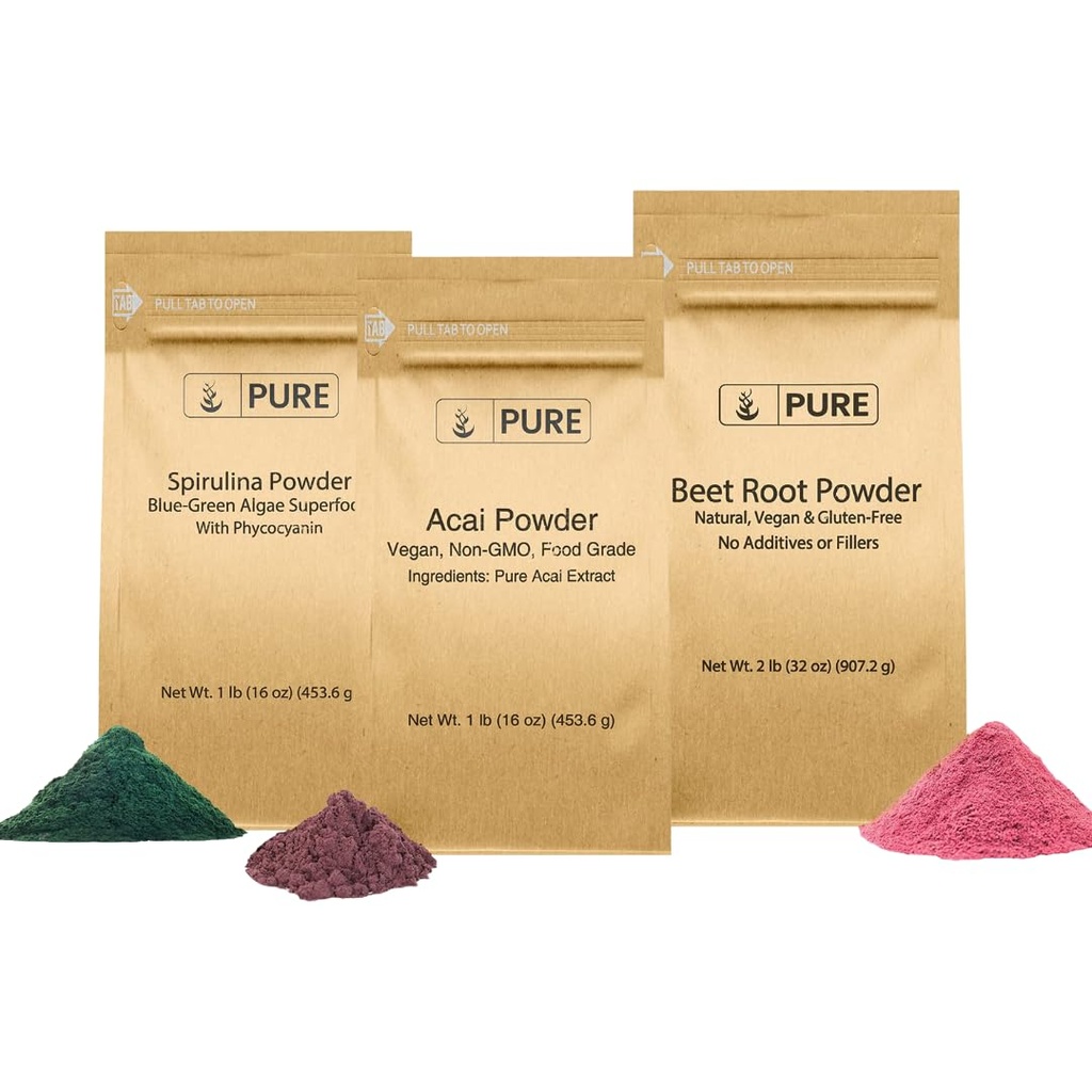 PURE ORIGINAL INGREDIENSER Beet Root, Spirulina, og Acai Powder Bundle, Forskellige størrelser, Ikke GMO, Urtetilskud