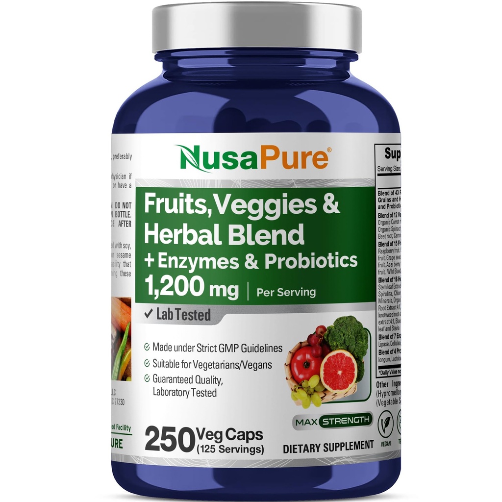 NusaPure Fruits and Veggies Supplement 1200 mg 250 Kapsler - 43 Frugter & Grøntsager, 11 Enzymer, Probiotika (Vegan / Vegetar, Non- GMO)
