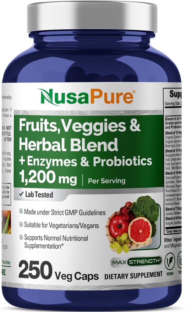 NusaPure Fruits and Veggies Supplement 1200 mg 250 Kapsler - 43 Frugter & Grøntsager, 11 Enzymer, Probiotika (Vegan / Vegetar, Non- GMO)