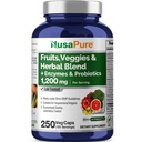 NusaPure Fruits and Veggies Supplement 1200 mg 250 Kapsler - 43 Frugter & Grøntsager, 11 Enzymer, Probiotika (Vegan / Vegetar, Non- GMO)