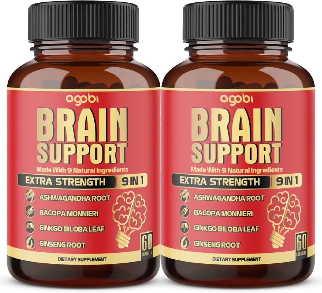 agobi 9in1 Brain Support Supplement - 2 pakker 60 Counts Blended Ashwagandha, Panax Ginseng, Gotu Kola, Ginkgo, Black Pepper & Mere - Nøjagtighed, fokus, hukommelse og energi produktion støtte