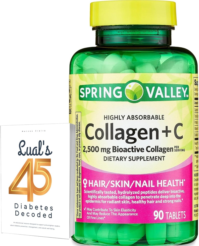 Spring Valley Collagen + C tabletter til hår / hud / negl sundhed, 2.500 mg, 90 greve, stærkt absorberbare, Collagen Plus C-vitamin bundle med Lualls 45 Diabetes dekodes