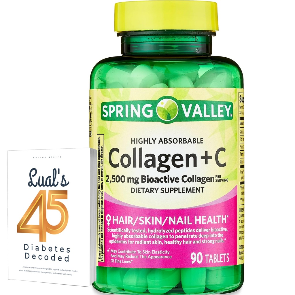 Spring Valley Collagen + C tabletter til hår / hud / negl sundhed, 2.500 mg, 90 greve, stærkt absorberbare, Collagen Plus C-vitamin bundle med Lualls 45 Diabetes dekodes