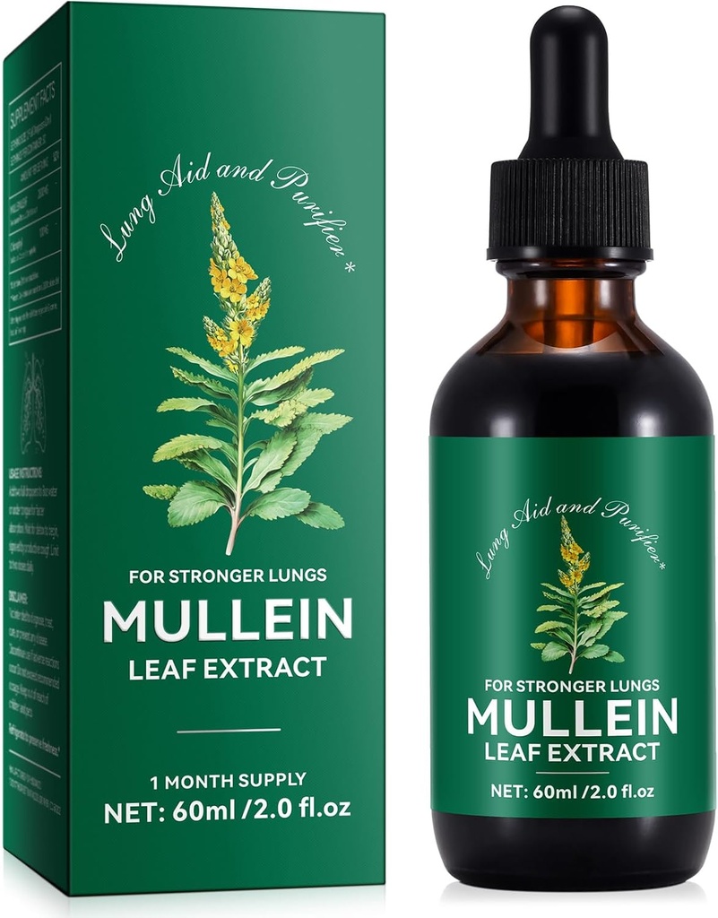 Generisk Mullein Leaf Extract - Lung Aid & Ranifier - Respiratorisk Support & Gentle Lung Cleanse - Sund vejrtrækning - Natural & Safe - Fast Absorption - Vegetar - 60ml, 1 måned Tilgang