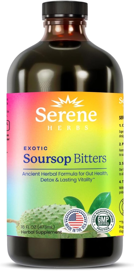 Serene Herbs - Soursop Bitters Liquid - Organic Herbal Guanabana Detox with Black Seed, Moringa & Ginger - Supports Digestive Wellness & Immune Function - 16 fl oz​