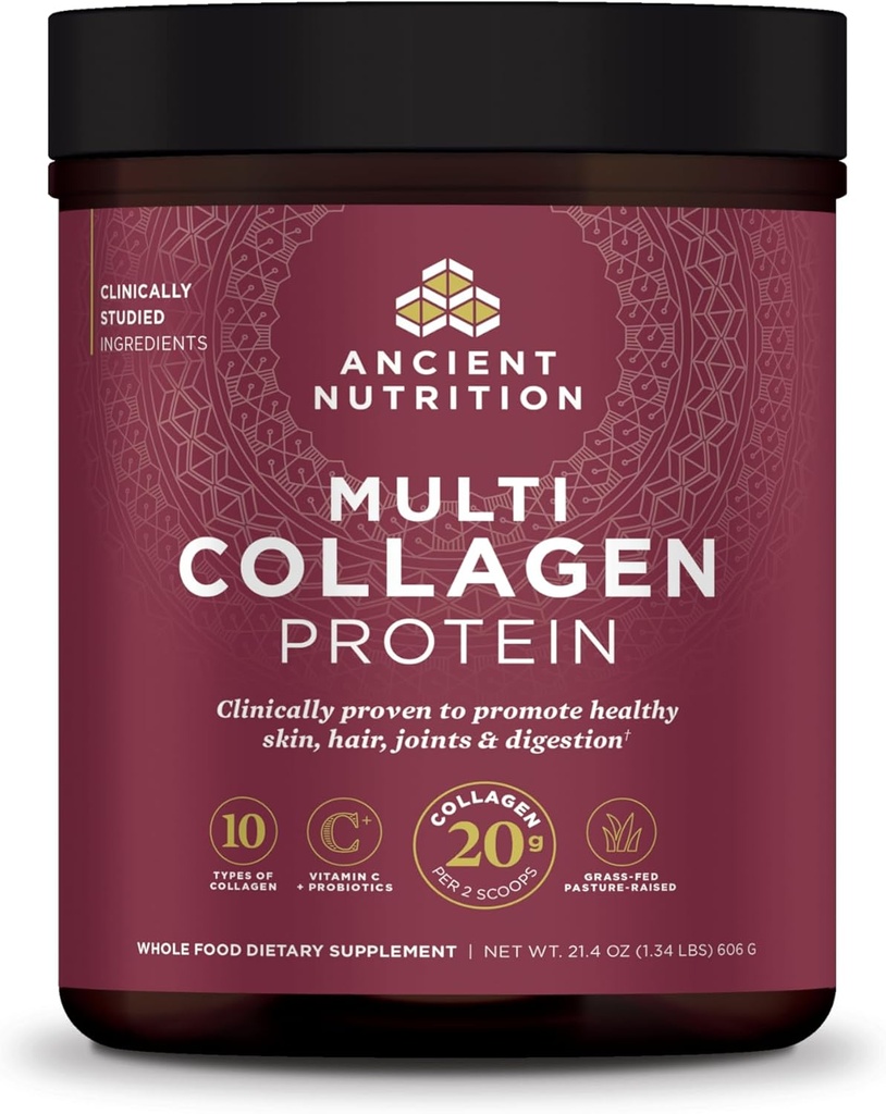 Ancient Nutrition Collagen Peptider Powder, Multi Collagen Protein, Kvinder & Mænd, C-vitamin, Probiotika, Hydrolyseret Collagen, Understøtter hud, Joints, Gut Health, Unflavored, 60 Servere