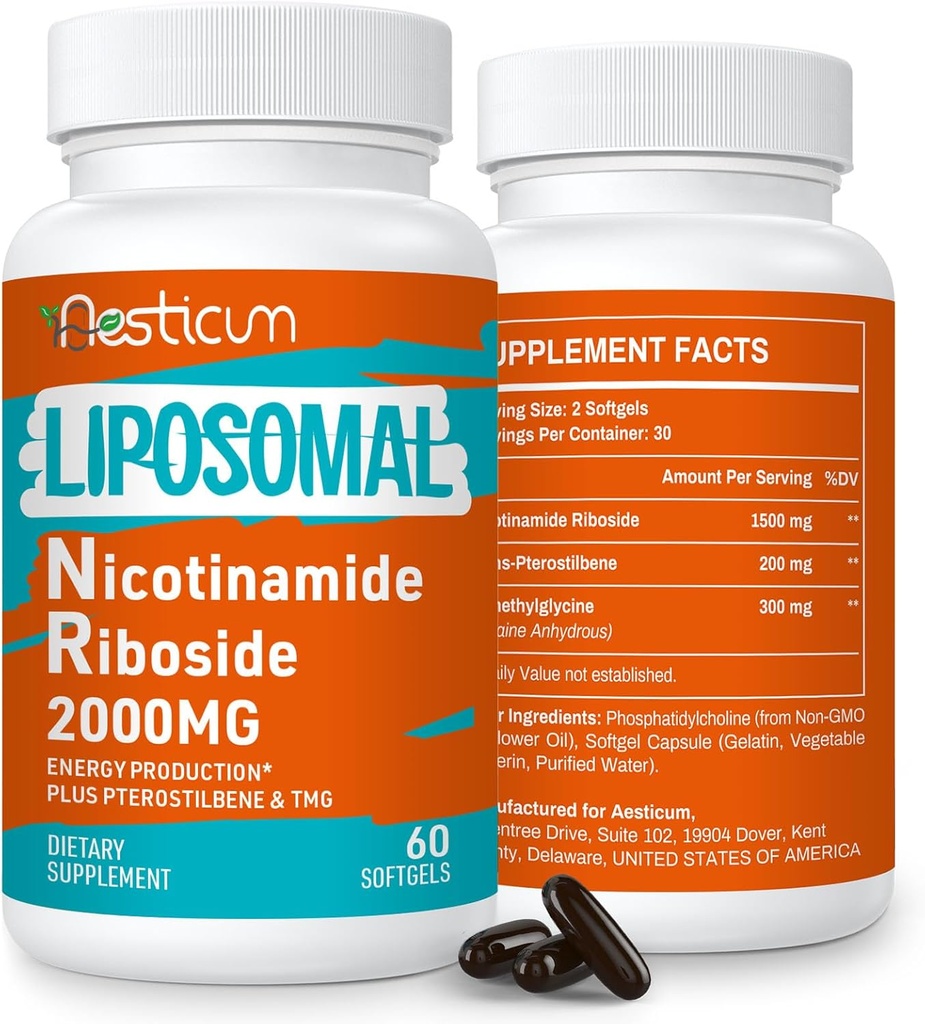 2000 MG Liposomal Nicotinamid Riboside Supplement med TMG & Pterostilben, High Bioavailability NAD + Boosting Supplement, Superior to Niacinamid for Energy, Immunity, Age Resistance, 120 Softgels