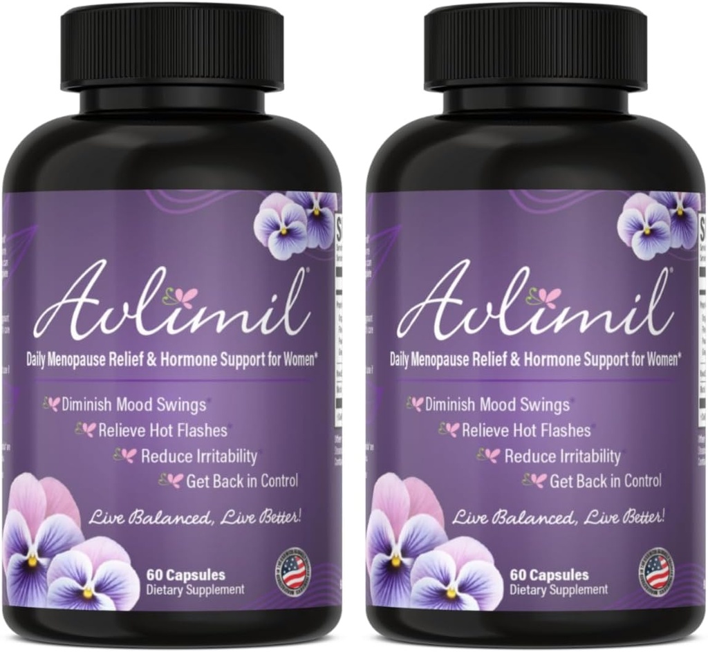 Avlimil ® Hormone Balance & Menopause; Relief from Mood Swings, Hot Flashs, Night Sweats og Irritability - Isoflavoner, Black Cohosh, Hindbær, Valerian, Sage, Red Clover, Lemon Balm - 2 måneder