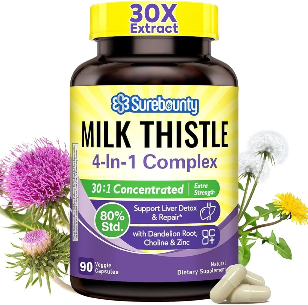 4-in-1 Mælk Thistle Complex, 9000 mg Styrke, 30X koncentreret frø ekstrakt, med Mælkebøtte, Cholin, Zink, Fede Lever Kosttilskud, Leverstøtte, Non- GMO, 90 Veggie Caps, 3 Måned Supply
