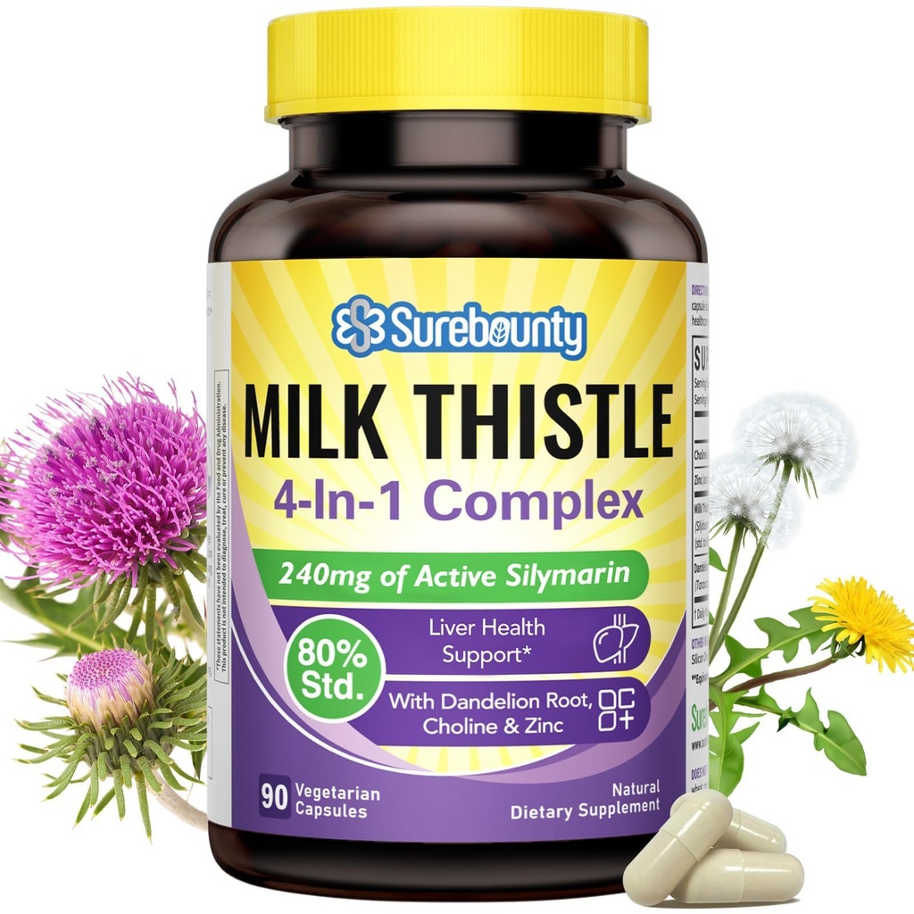 4-in-1 Mælk Thistle Complex, 9000 mg Styrke, 30X koncentreret frø ekstrakt, med Mælkebøtte, Cholin, Zink, Fede Lever Kosttilskud, Leverstøtte, Non- GMO, 90 Veggie Caps, 3 Måned Supply