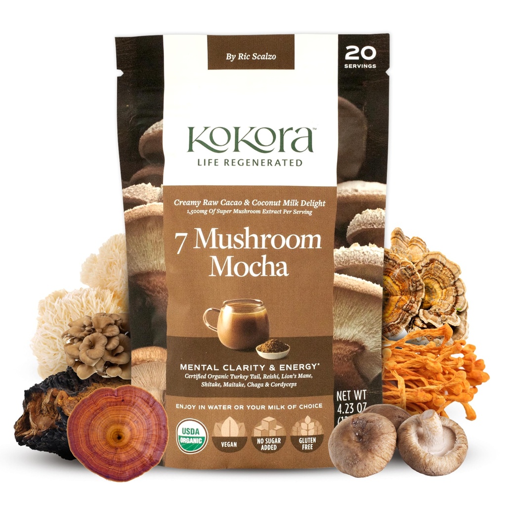7 Mushroom Mocha - Organic Adaptogen Mushroom Powder - Herunder Tyrkiet Tail & Lions Mane - Energizes & Promoes Mental Clarity * - Vegan, Gluten Free, Ingen tilsat sukker - 20 Servere - 120g