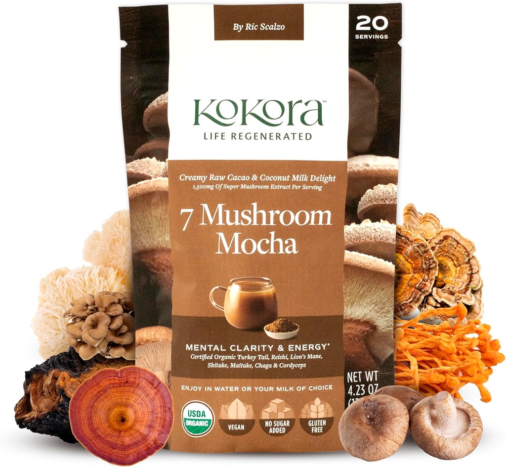 7 Mushroom Mocha - Organic Adaptogen Mushroom Powder - Herunder Tyrkiet Tail & Lions Mane - Energizes & Promoes Mental Clarity * - Vegan, Gluten Free, Ingen tilsat sukker - 20 Servere - 120g