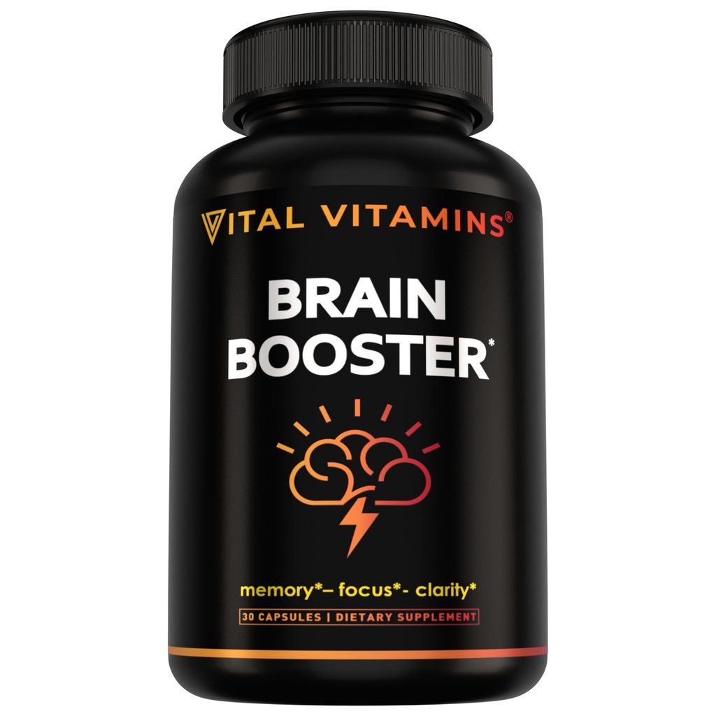 Vital Vitaminer Brain Kosttilskud med Bacopa Monnieri - for hukommelse og fokus - Nootrop Brain Booster - Coffeine- Gratis støtte til voksne & seniorer - Non- GMO, 30- Day Supply, 30 kapsler