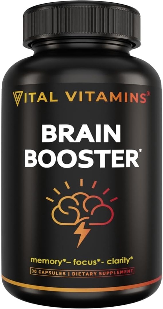 Vital Vitaminer Brain Kosttilskud med Bacopa Monnieri - for hukommelse og fokus - Nootrop Brain Booster - Coffeine- Gratis støtte til voksne & seniorer - Non- GMO, 30- Day Supply, 30 kapsler