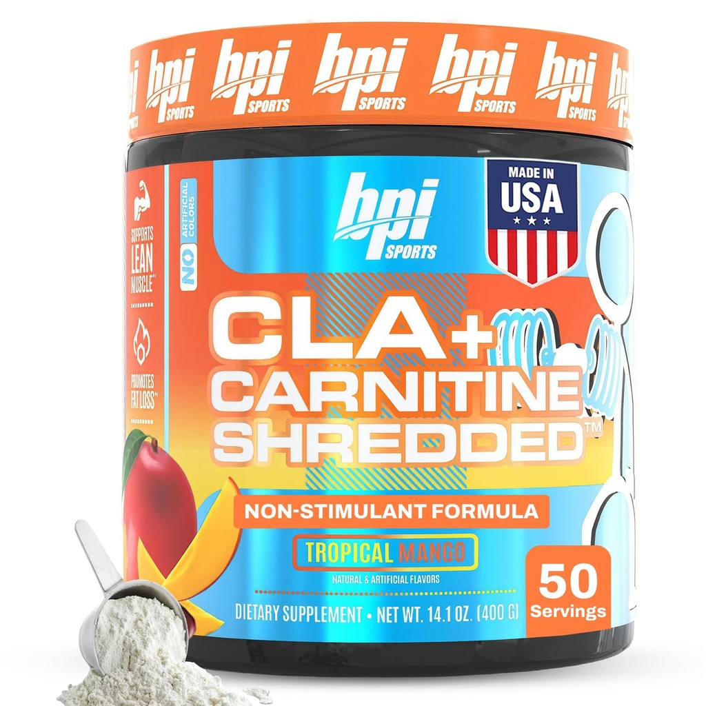 BPI Sports CLA + Carnitin Shredded - Konverter Fedtceller i energi og understøtter Lean Muscle, Boost Metabolisme - Non- Stimulant L- Carnitin Supplement - Tropical Mango (14.1 oz. / 50 Servering)