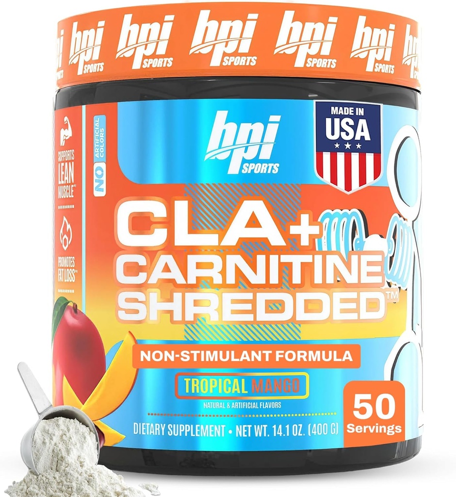 BPI Sports CLA + Carnitin Shredded - Konverter Fedtceller i energi og understøtter Lean Muscle, Boost Metabolisme - Non- Stimulant L- Carnitin Supplement - Tropical Mango (14.1 oz. / 50 Servering)