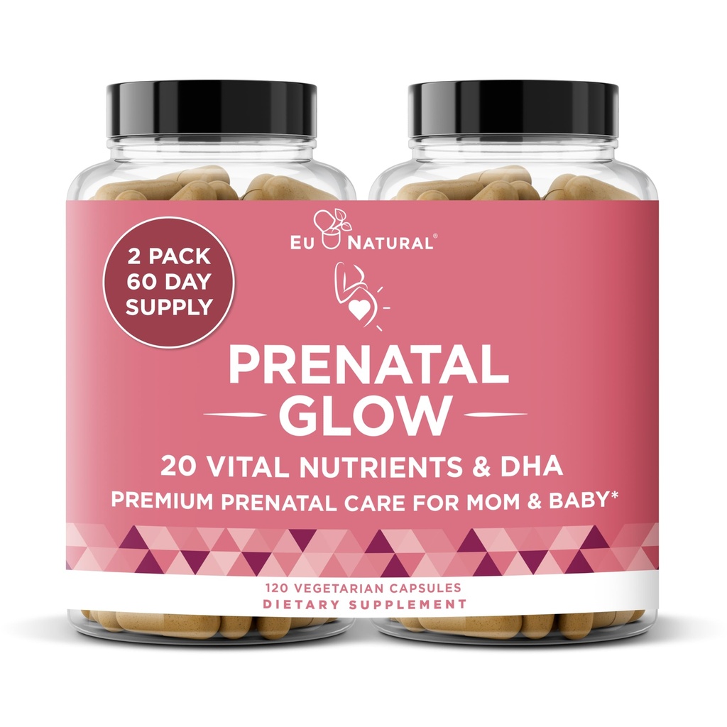 Glow prænatale vitaminer til kvinder - 20-in-1 Vital Nutrients for Sund Graviditet og Udvikling af Føtale - Folinsyre & Vegan DHA For Baby 's Growth & A Komfortabel Graviditet - 120 Nærende kapsler
