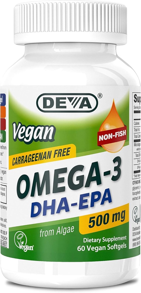 DEVA Vegan Omega-3 DHA- EPA 500MG - No Carrageenan, Non- Fish Oil derived from Algae, Non- GMO, 60 Gelatin- Free Softgels