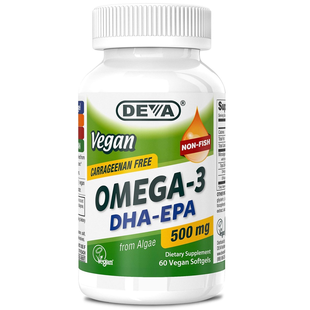 DEVA Vegan Omega-3 DHA- EPA 500MG - No Carrageenan, Non- Fish Oil derived from Algae, Non- GMO, 60 Gelatin- Free Softgels