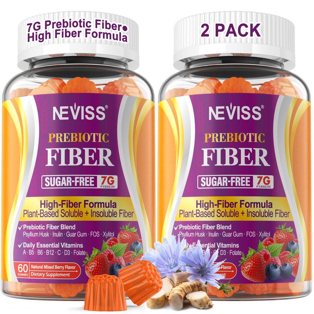 Fiber Gummies for voksne med Psyllium Husk, 7G (opløselig + uopløselig) Daglig Prebiotic Fiber med Inulin, FOS, Guar Gum, Multivitaminer til daglig fordøjelse, regularitet support, sukker fri, pakke med 2