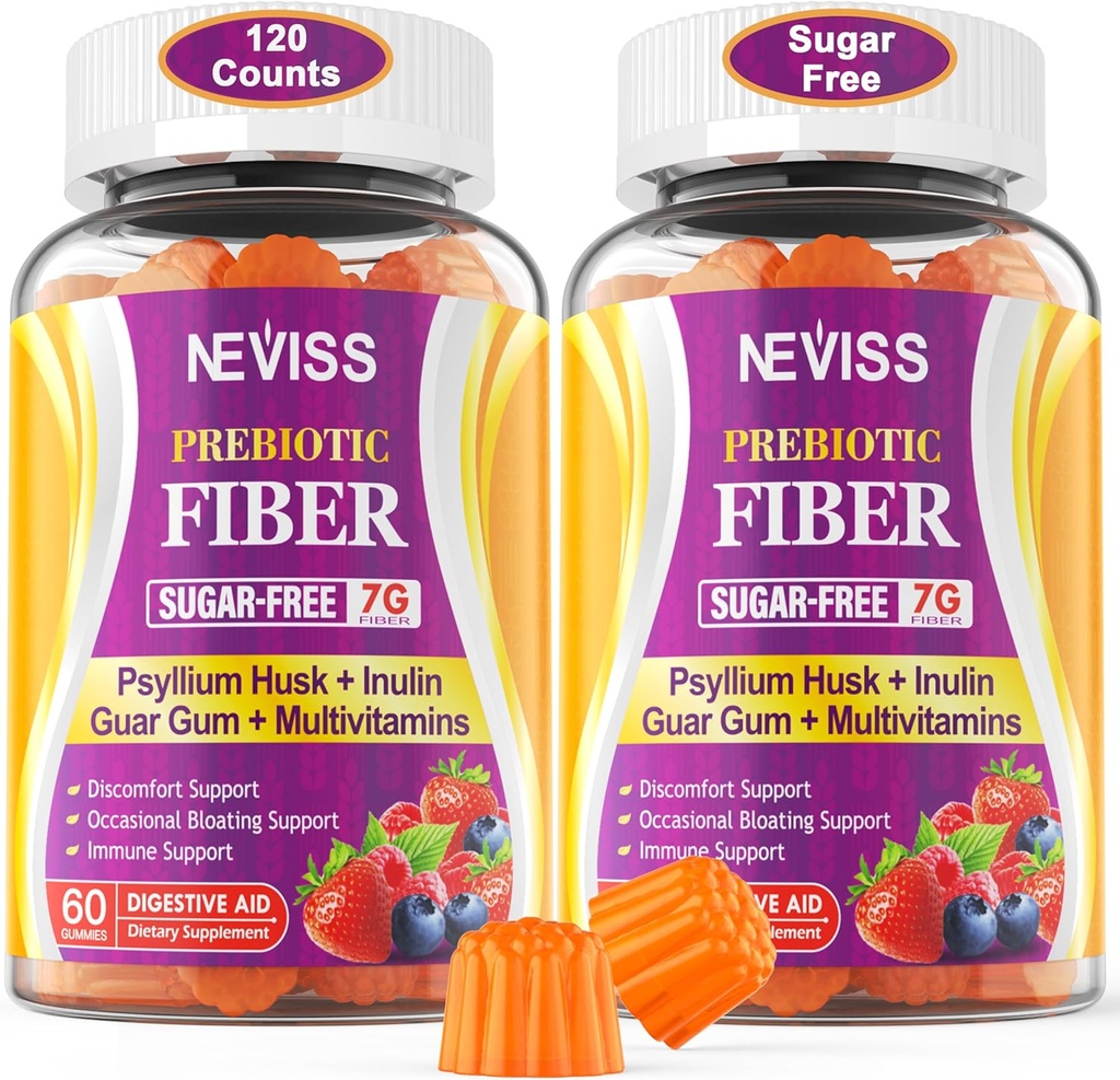 Fiber Gummies for voksne med Psyllium Husk, 7G (opløselig + uopløselig) Daglig Prebiotic Fiber med Inulin, FOS, Guar Gum, Multivitaminer til daglig fordøjelse, regularitet support, sukker fri, pakke med 2