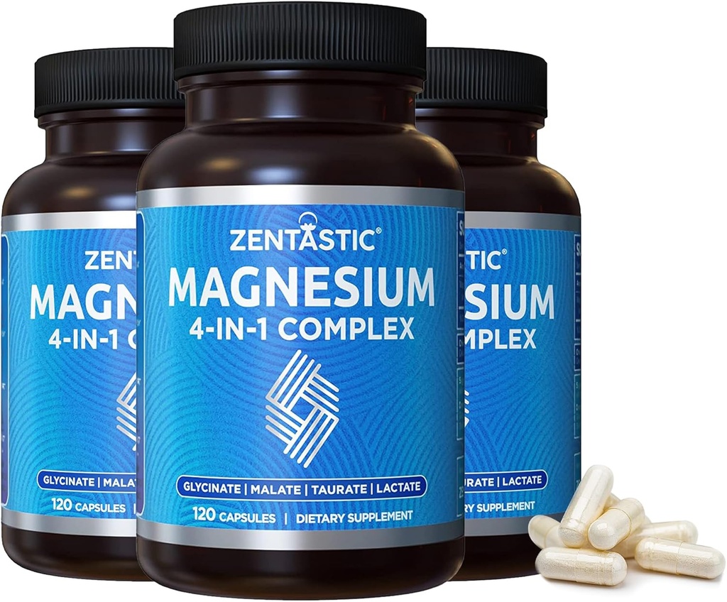 Zentastic Magnesium Complex - 360 Capsules - Chelated Magnesium Glycinate, Malate, Taurate & Lactate - Support Bones, Muscles