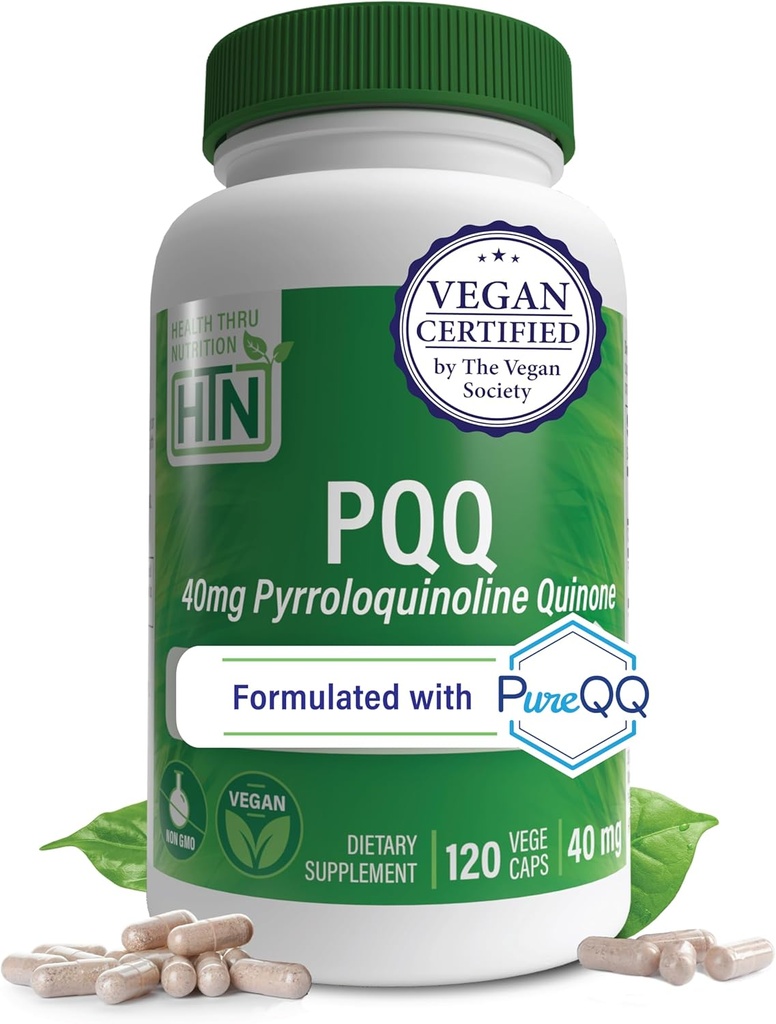 Health Thru Nutrition PQQ 40mg 120 Servering Pyrroloquinoline Quinone som PureQQ Note 124; Promoes Mitochondrial Biogenesis Note 124; Certified Vegan Note 124; Non- GMO Gluten Soy Free Capsules Supplement