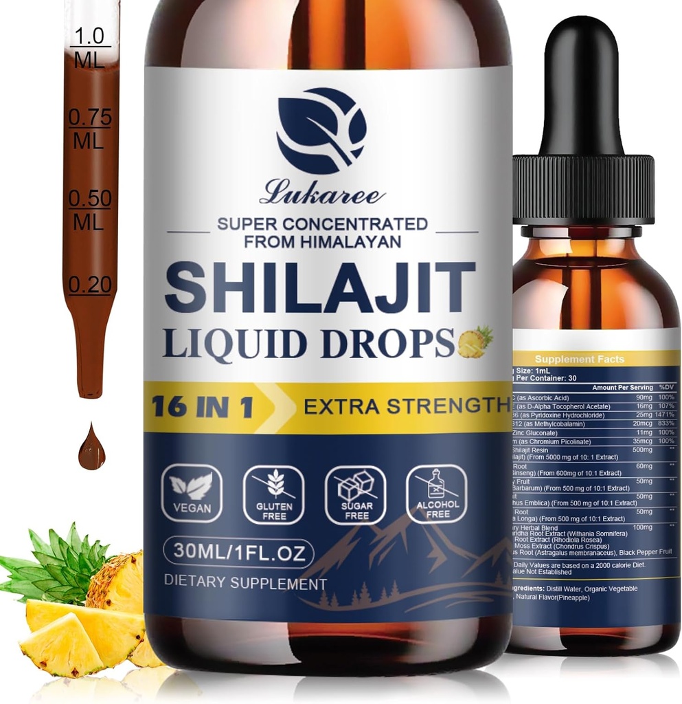 16 i 1 Shilajit Resin Liquid Drop, Shilajit W / Ginseng, Gurmerisk, Rhodiola, Wolfberry, Amla & Vitaminer, Shilajit Supplement for mænd og kvinder med 85 + Trace Minerals & Fulvic Acid, 1 Fl Oz