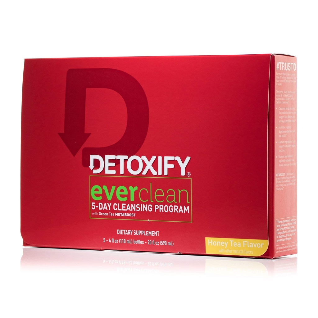 Detoxify - nogensinde Clean Cleansing Program - Honning Tea - 5 x 4 oz flasker - 5-dages løsning - Grøn te, vitaminer og mineraler - Plus Sticker og taske