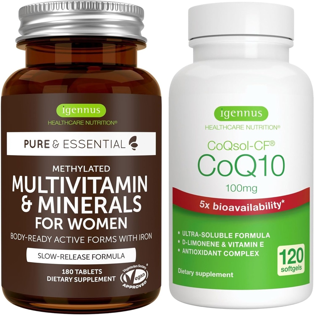 Multivitamin & mineraler til kvinder + høj Absorption CoQ10 100mg 120 Softgel Energy Bundle, Sustained Release Advanced Multivitamin + CoQ10 med vitamin E & D- Limonene, af Igennus