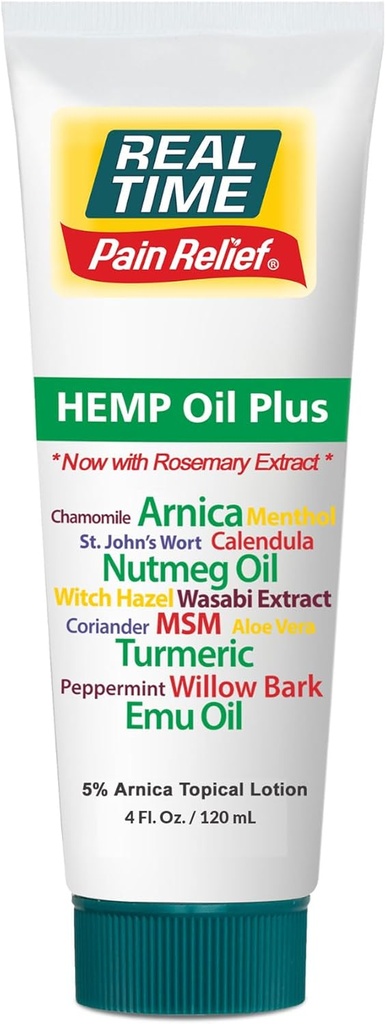 Real Time Pain Relief Hamp Oil Plus 4oz Tube Shuilders: 5% Arnica & Turmeric Shuil124; Hurtig Absorbing Lotion for Muskler, Hænder, Fødder, Ankler, Ryg, Skuldre, Knees & Joints Diskomfort