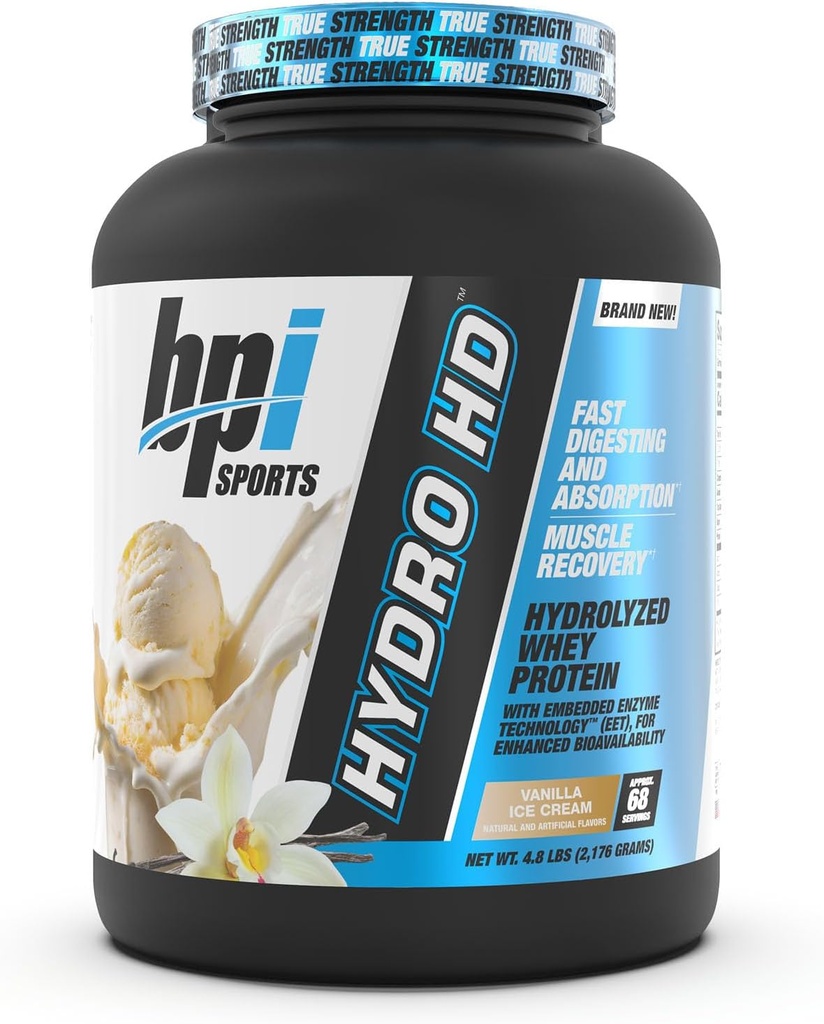 BPI Sports Hydro HD - 100% Hydrolyzed Whey Protein Powder - Muscle Growth, Recovery, 25g Hydrolyzed Protein, Lav Carb, Lavsukker, Hurtig Absorbing (68 Servere, Vanilla Is)