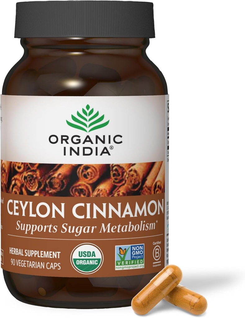 ORGANISK INDIA Ceylon Cinnamon Supplement - Organic Cylon Cinnamon Capsules, Cinnamon Pills Herbal supplement, Support Fordøjelse, Kilde til antioxidanter, USDA Organic, Vegan, Gluten- Free - 90 Kapsler