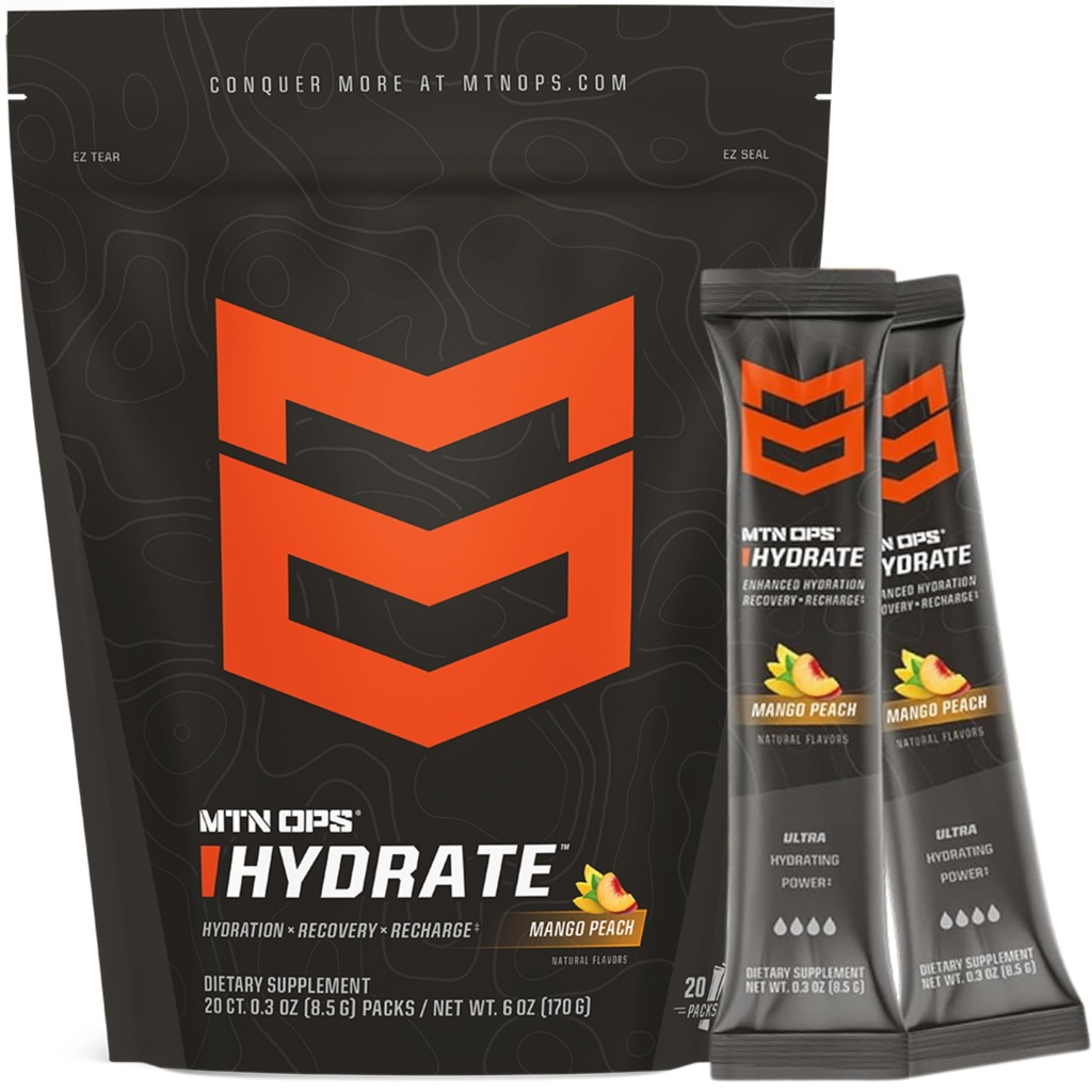 MTN OPS Hydrate Electrolytes Powder Drink Mix, 20 Single Serving On- The- Go Electrolyte Packs med over 1000 mg Electrolytes per Serving, Mango Peach