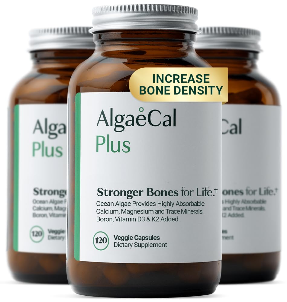 ALGAECAL Organic Red Algae Calcium supplement til ben densitet & styrke, Vitamin K2 MK7 (100mg), Vitamin D3 (1600 IE), Magnesium (350 mg) & Trace mineraler, Let at synke, 120 Veggie Caps