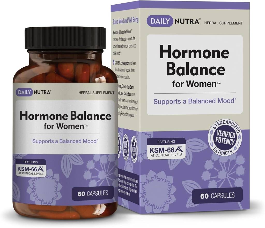 Hormonbalance - Kvinder Serotonin Supplement - KSM- 66 Ashwagandha, Dong Quai, Chaste Tree Berry, Rhodiola, & Cocoa Bean Ekstrakter - for kvindelige Hormoner, PMS, Menopause (60 kapsler)