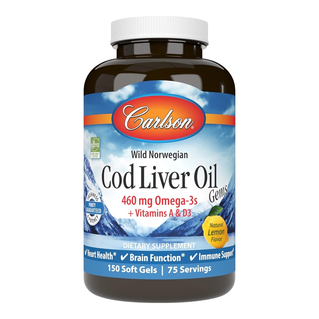 Carlson - Cod lever olie perler, 460 mg Omega- 3s, Plus vitaminer A og D3, Wild fanget norsk Arctic Cod lever olie, bæredygtigt sourced nordiske fisk olie kapsler, Lemon, 150 Softgels