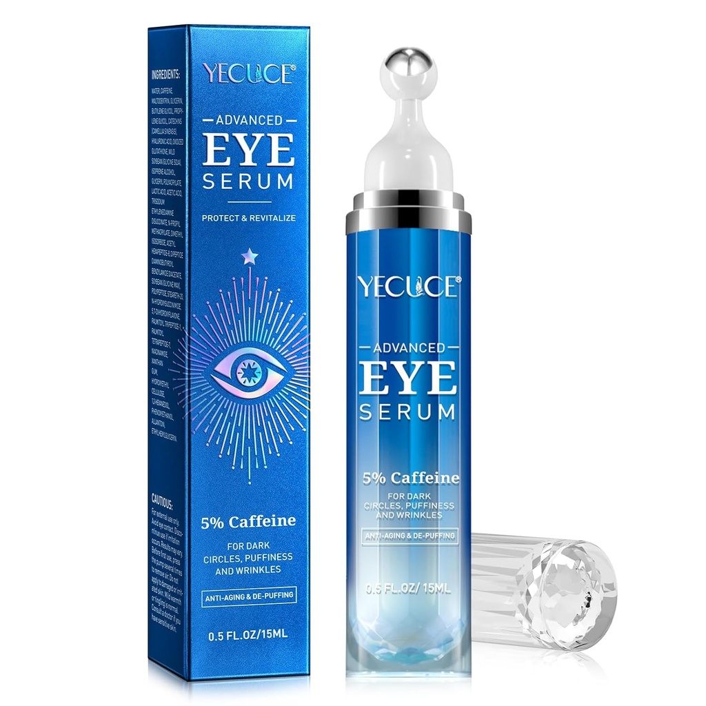 5% Koffein Peptide Eye Serum, Under Eye Roller Cream for mørke cirkler, Puffiness, Bags Under Eyes - 360 ° Massage Ball Cream for Wrinkles, Fine Lines and Firming (Blue)
