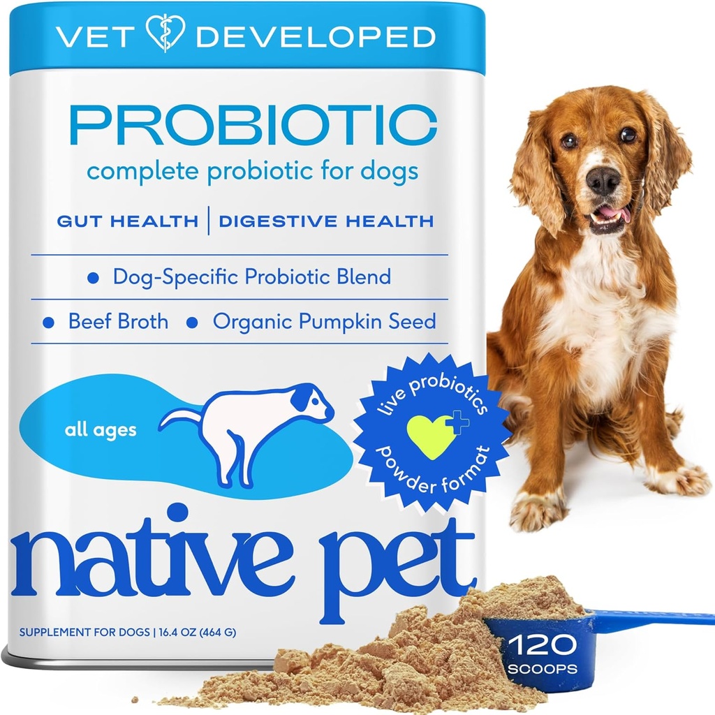 Indfødt Pet Probiotika til hunde - Hundeprobiotika pulver til fordøjelsessygdomme, Gut Support, & immunboost - Vet- Formuleret pulver til maksimal potens med fordøjelsesenzymer & Prebiotika - 120 Scoops