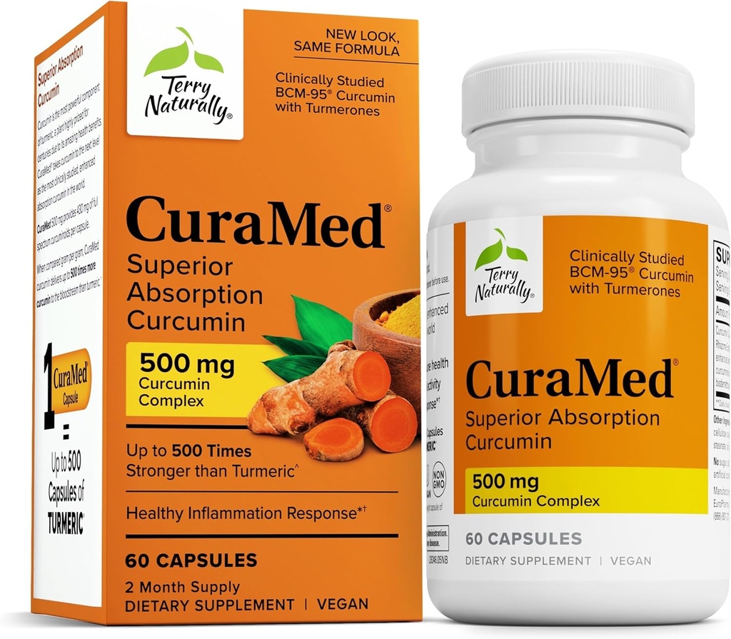 Terry naturligt CuraMed 500mg - Antioxidant supplement til hjerne & immunforsvar - supplement til Curcumin & gurkemeje Essential Oil - Urteleverstøtte - 60 Softgels