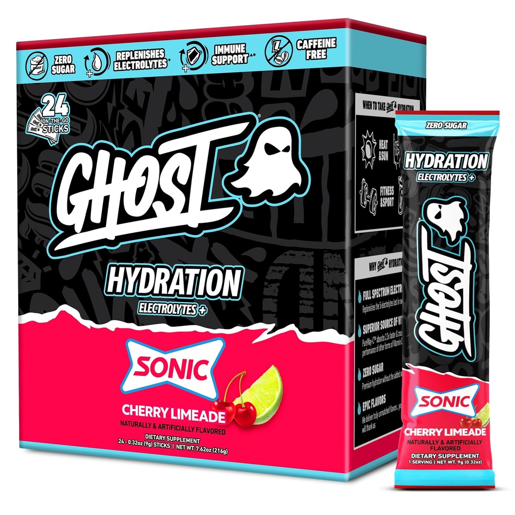 GHOST Hydration Pakninger, Sonic Cherry Limeade, 24 sticks, Electrolyte Powder - Drik mix supplement med Magnesium, Kalium, Calcium, C-vitamin - Vegansk Friendly, Fri for Soja, Sukker & Gluten