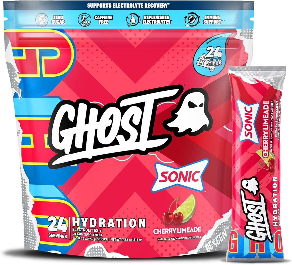 GHOST Hydration Pakninger, Sonic Cherry Limeade, 24 sticks, Electrolyte Powder - Drik mix supplement med Magnesium, Kalium, Calcium, C-vitamin - Vegansk Friendly, Fri for Soja, Sukker & Gluten