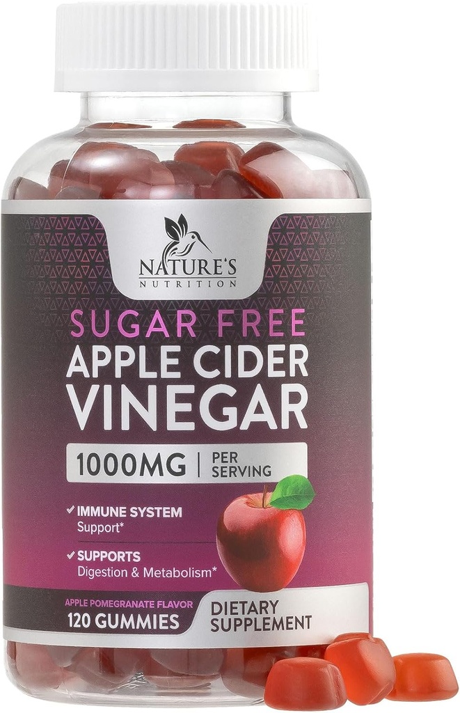 Æblecider Vincils til vægttab 1000mg - Vegansk æble Vincils Gummy til Detox & Rense, ACV supplement piller, vitamin B12, Sukker fri ACV Gummy, non-GMO, Nature 's Nutrition - 120 Gummies
