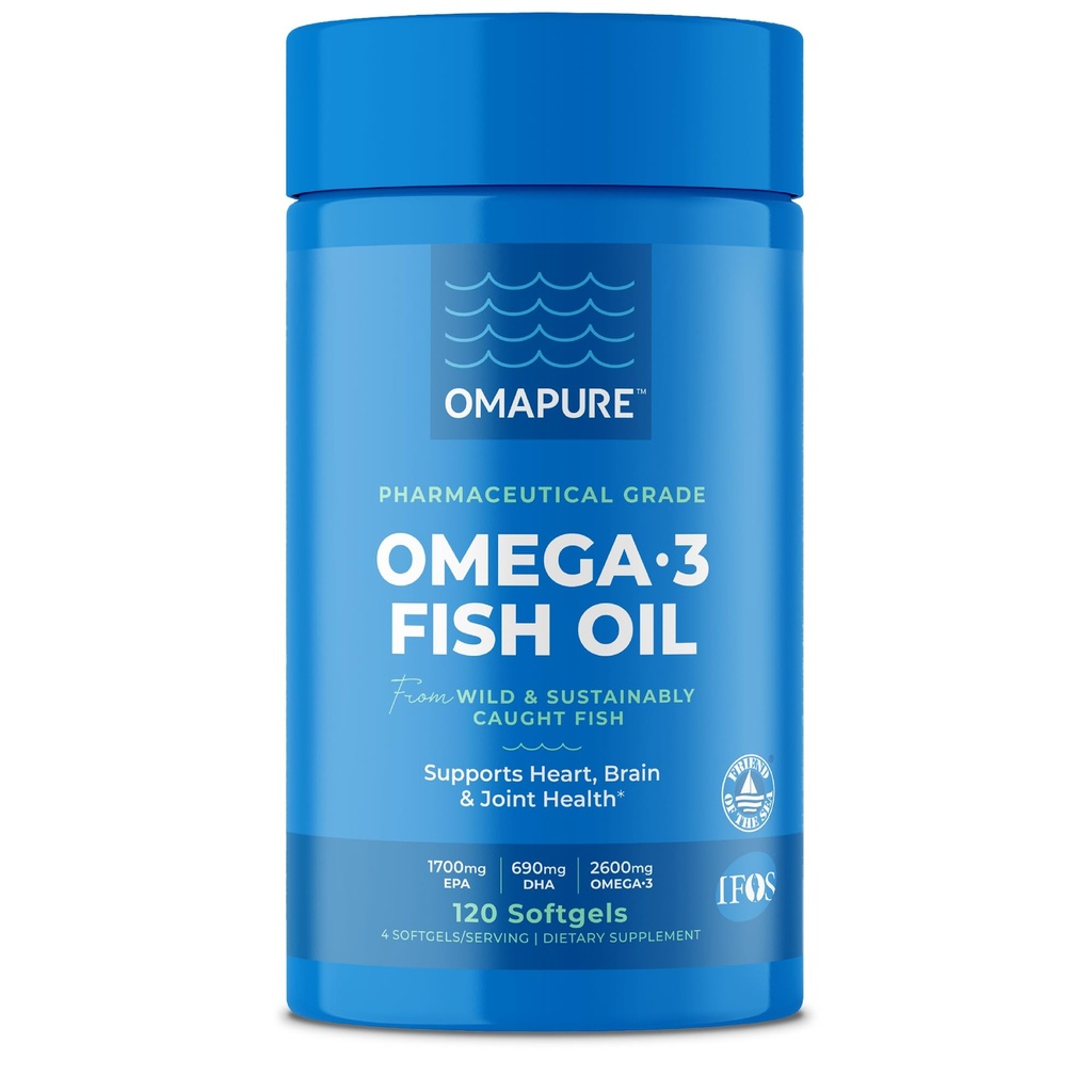 OMAPRE Fish Oil Kosttilskud med Omega 3 Fedtsyrer (1 flaske, 120 Softgel) - High EPA, DHA, & IFOS Fish Oil Pills Support Heart & Joint Health - Burpless Fish Oil Promotions Brain Function