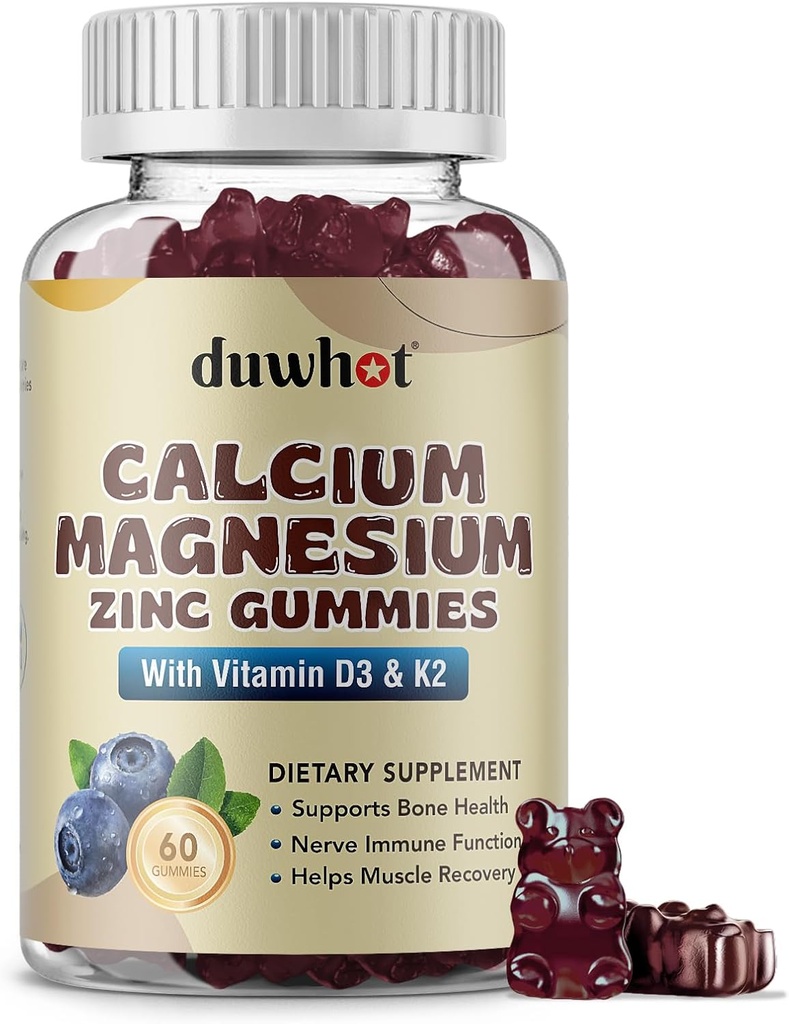 Calcium Magnesium Zinkgummier til kvinder, Chewable Calcium Supplement 1000 mg vitamin D3 & K2, Bone & Nerve sundhed, muskelfunktion, immunforsvar & stress Relief, blåbær flavor, 60 Ct