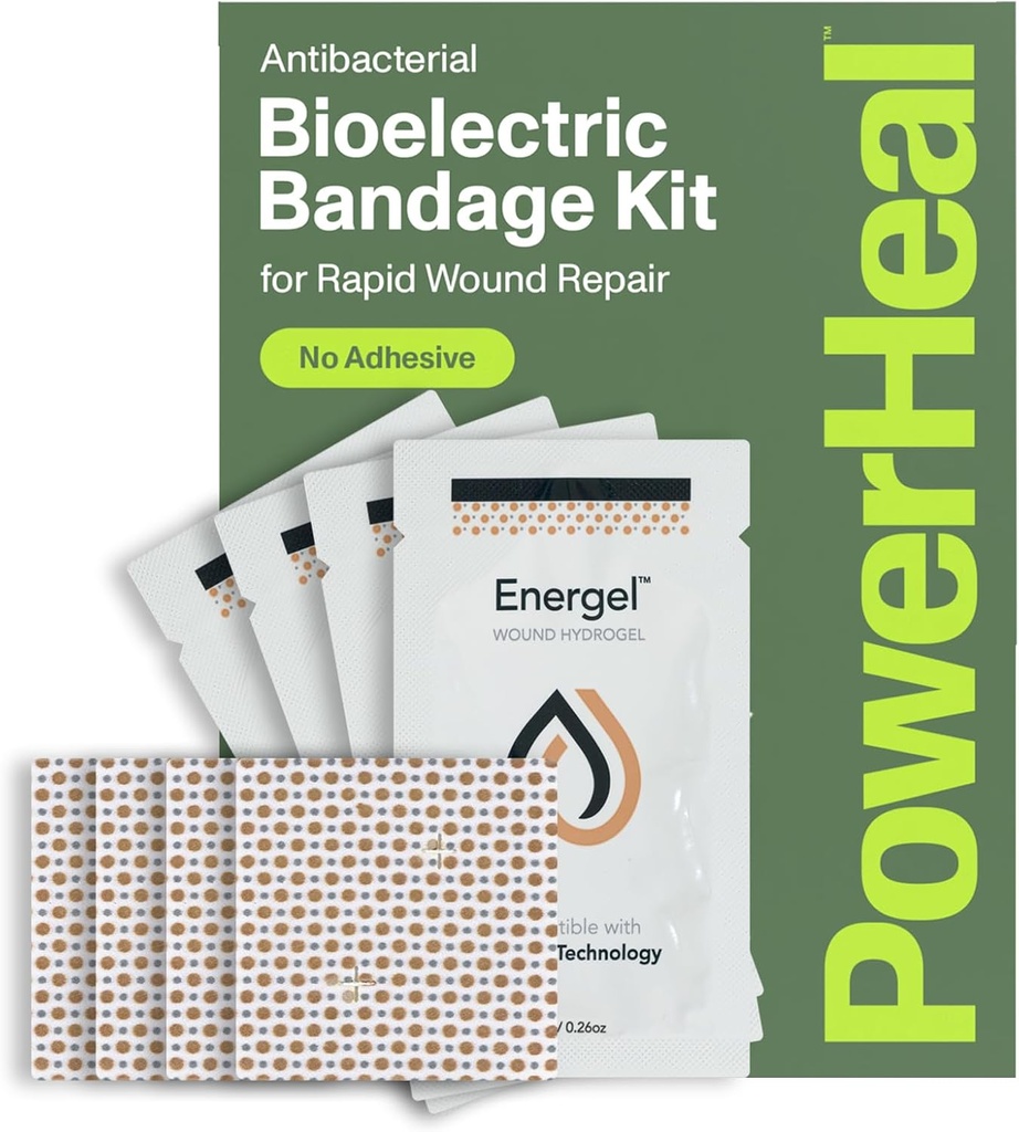 PowerHeal Bioelectric Bandage Kit til Sårpleje & Healing - Single Layer No Adhesive Inkluderer Sårhydrogel, Kan klippes til Fit - for udskæringer, Abrasions, Blistere, Burns - 4-Pack, 2 "x 2"